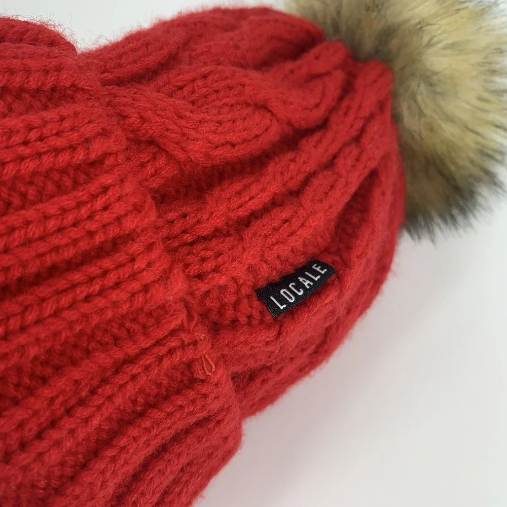 Angel Fire Resort Beanie YOUTH Locale Outdoors Faux Fur Pom Red Knit Hat Cap
